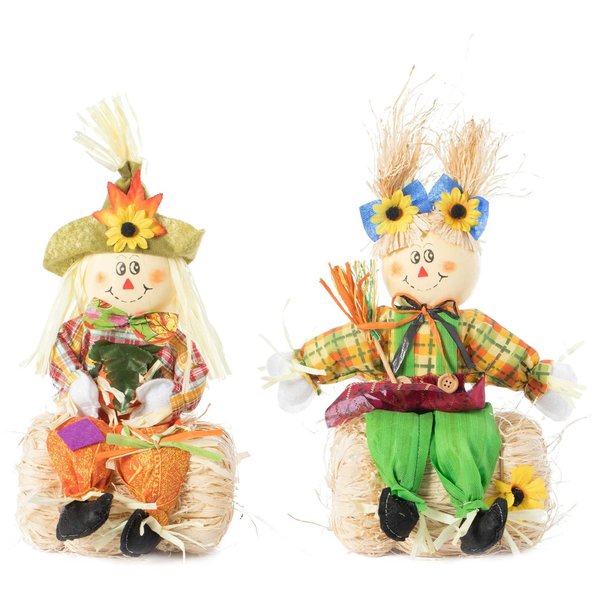 Gardenised Gardenised 13 Inch Boy and Girl Duo Scarecrow Elegantly Seated on a Rustic Hay Bales QI003425